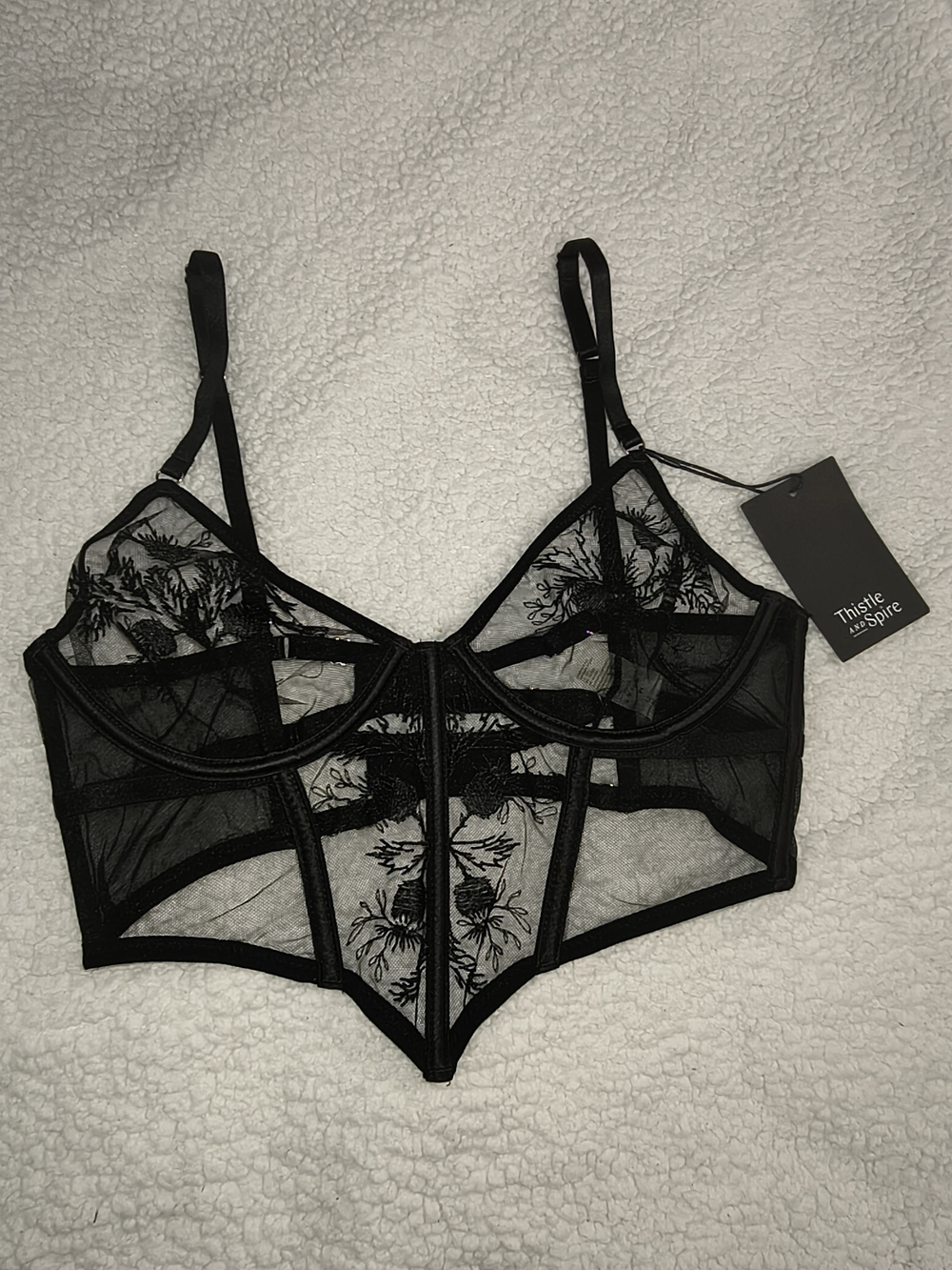 Thistle and Spire Black Sheer Embroidered Longline Underwire Bra
